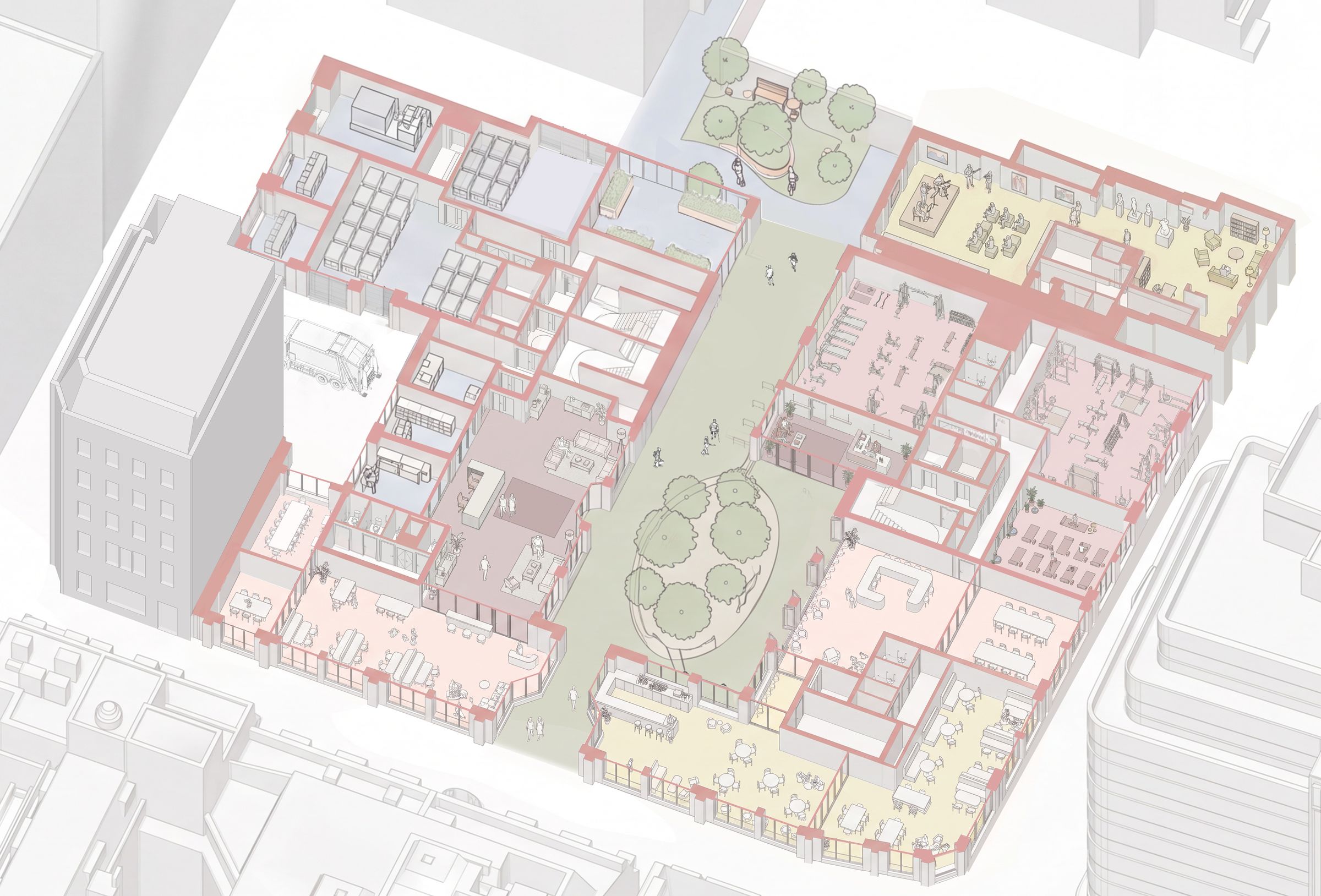 Axonometric view of the proposed ground floor at Sheppy Yard