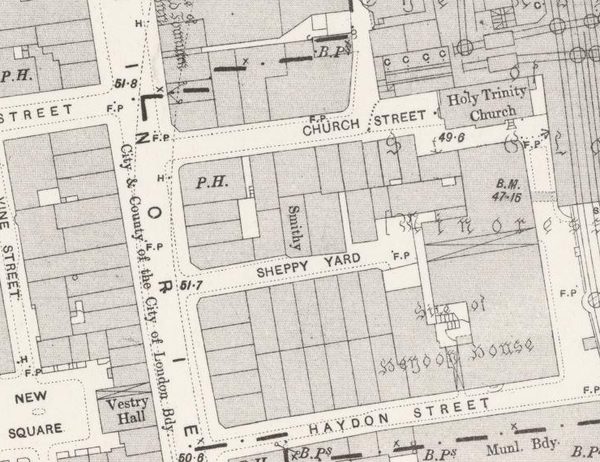 An historic Ordnance Survey map showing Sheppy Yard, Holy Trinity Church and Haydon Street as they stood in the late nineteenth century.