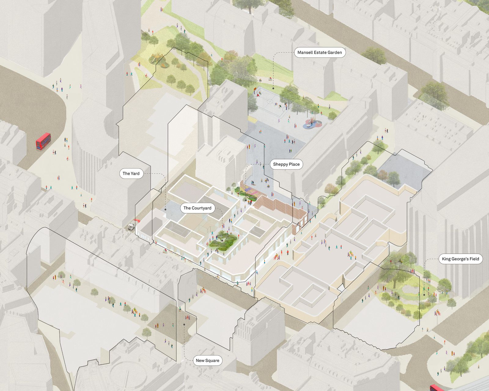Map of the City of London showing the proposed Sheppy Yard development at St Clare House, picked out in green and red, with surrounding streets and the nearest tube stations marked.