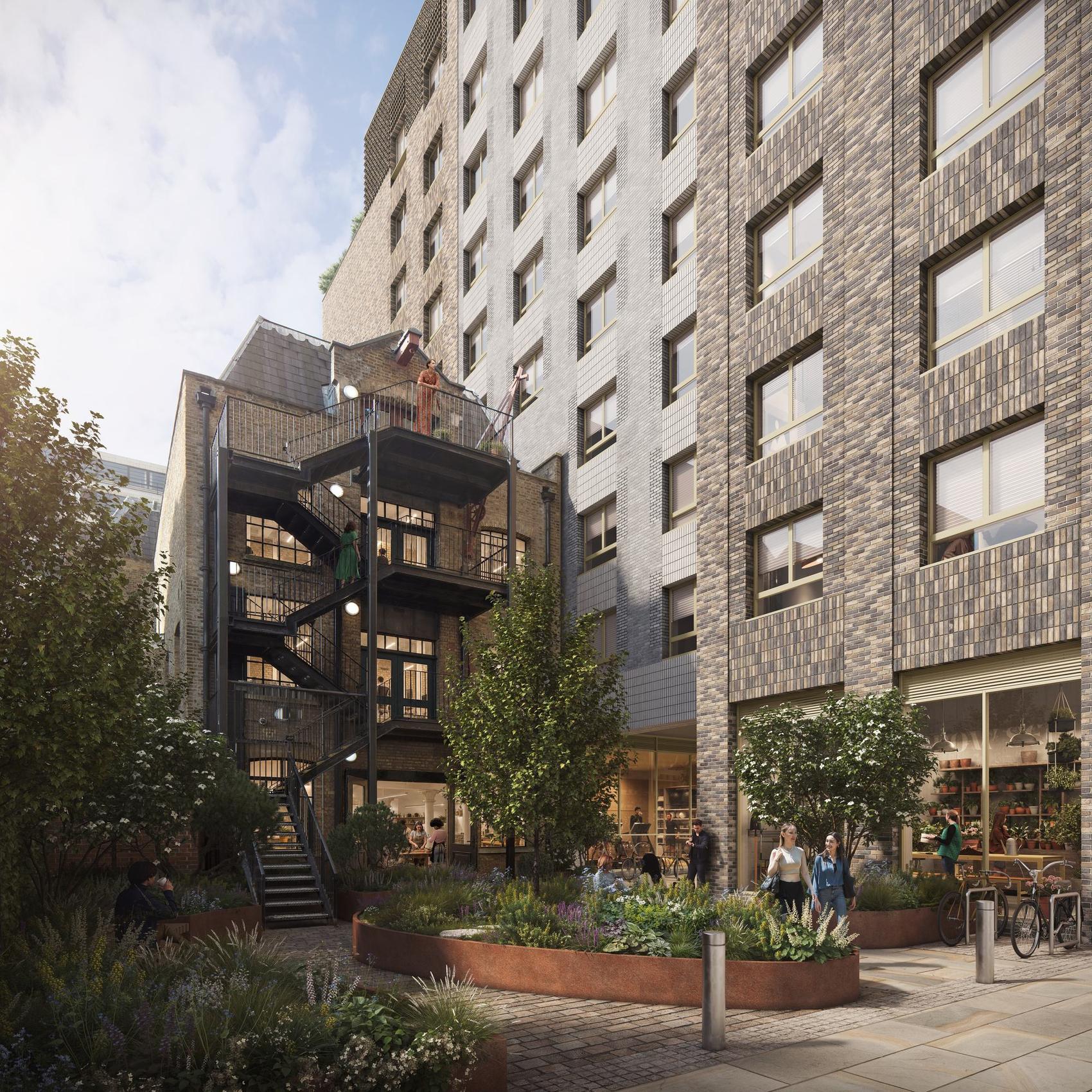 View of Sheppy Yard, the new public space between the building and Writers House